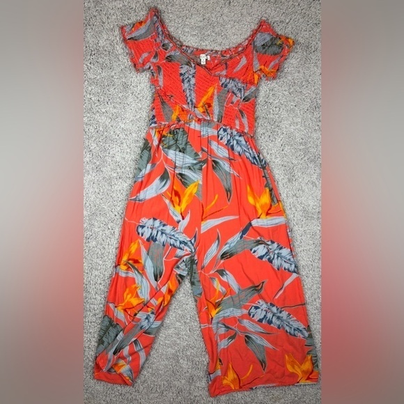 Patrons of Peace Jumpsuit Womens Extra Small Tropical Smocked Top Pockets Wide - Picture 2 of 5